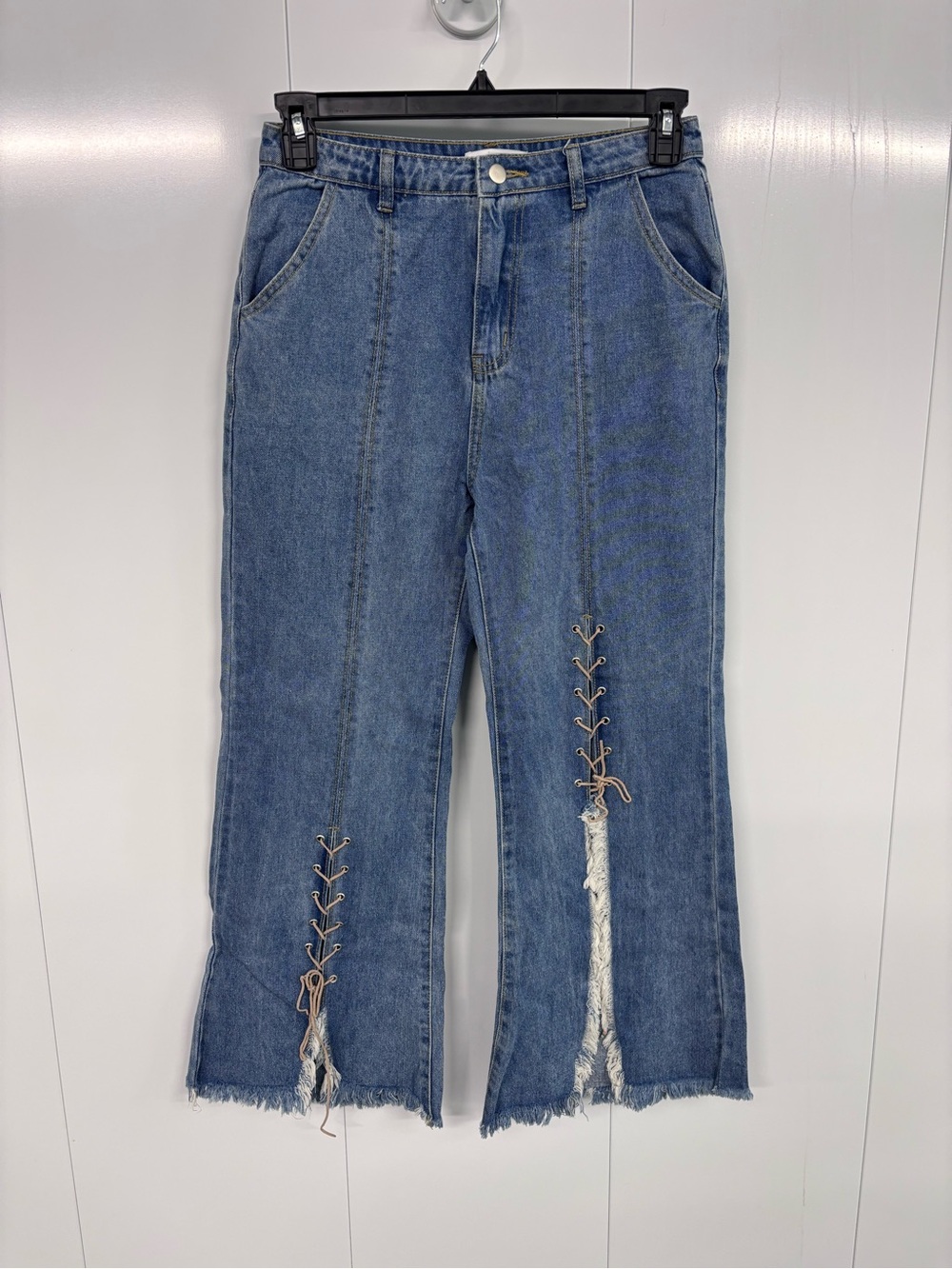 Honey Belle Women's Large Blue Denim Jeans Laced Split Hem Raw Edge Fringe Boho